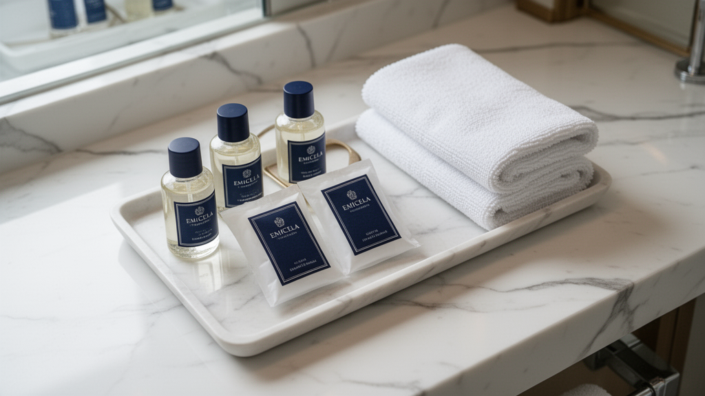 Bandeja de amenities Emicela con etiquetas azul profundo sobre mármol
